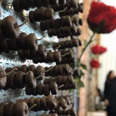 mini chocolate donuts hanging on a wall