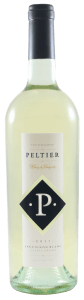 A bottle of sauvignon blanc with a black capsule, black diamond label with a P in the middle in white