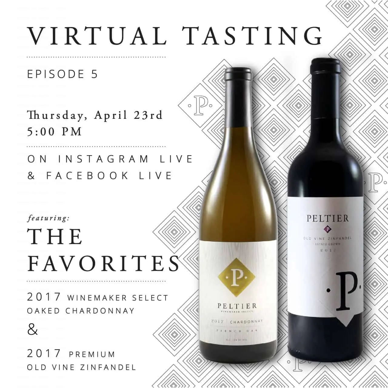 Virtual tasting a bottle of chardonnay and a bottle of zinfnadel with a black diamond background pattern