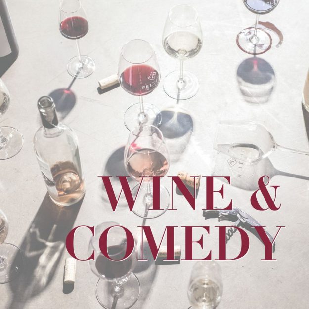 Image of wine glasses, bottles and corks strewn about a concrete floor with the works Wine and Comedy