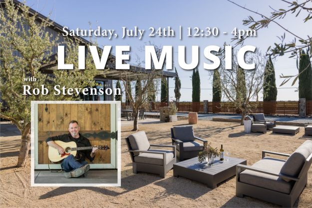 photo of patio with chairs and trees with small photo of man holding guitar