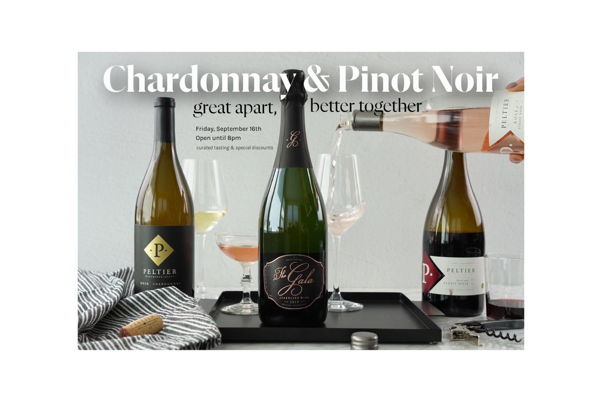 Chard & Pinot Noir better together 4 bottles of wine with white background and wine glasses