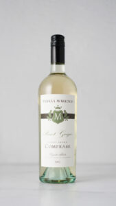 2022 PINOT GRIGIO_front 2022 Teresa Marengo Pinot Grigio bottle of white wine with black screwcap on white marble table with white background
