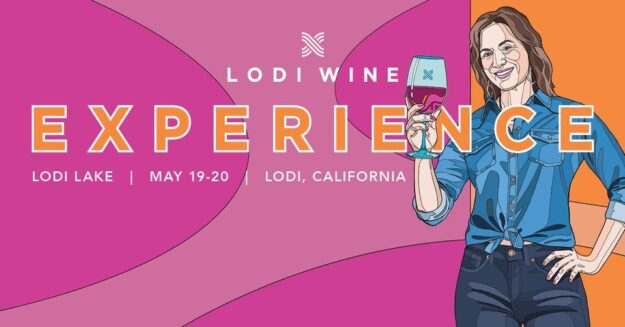 Lodi Wine Experience May 19 - 20 , pink and orange backgroud with woman holding glass of red wine