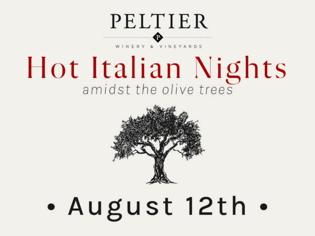 Hot Italian Nights at Peltier August 12th with illustration of olive tree