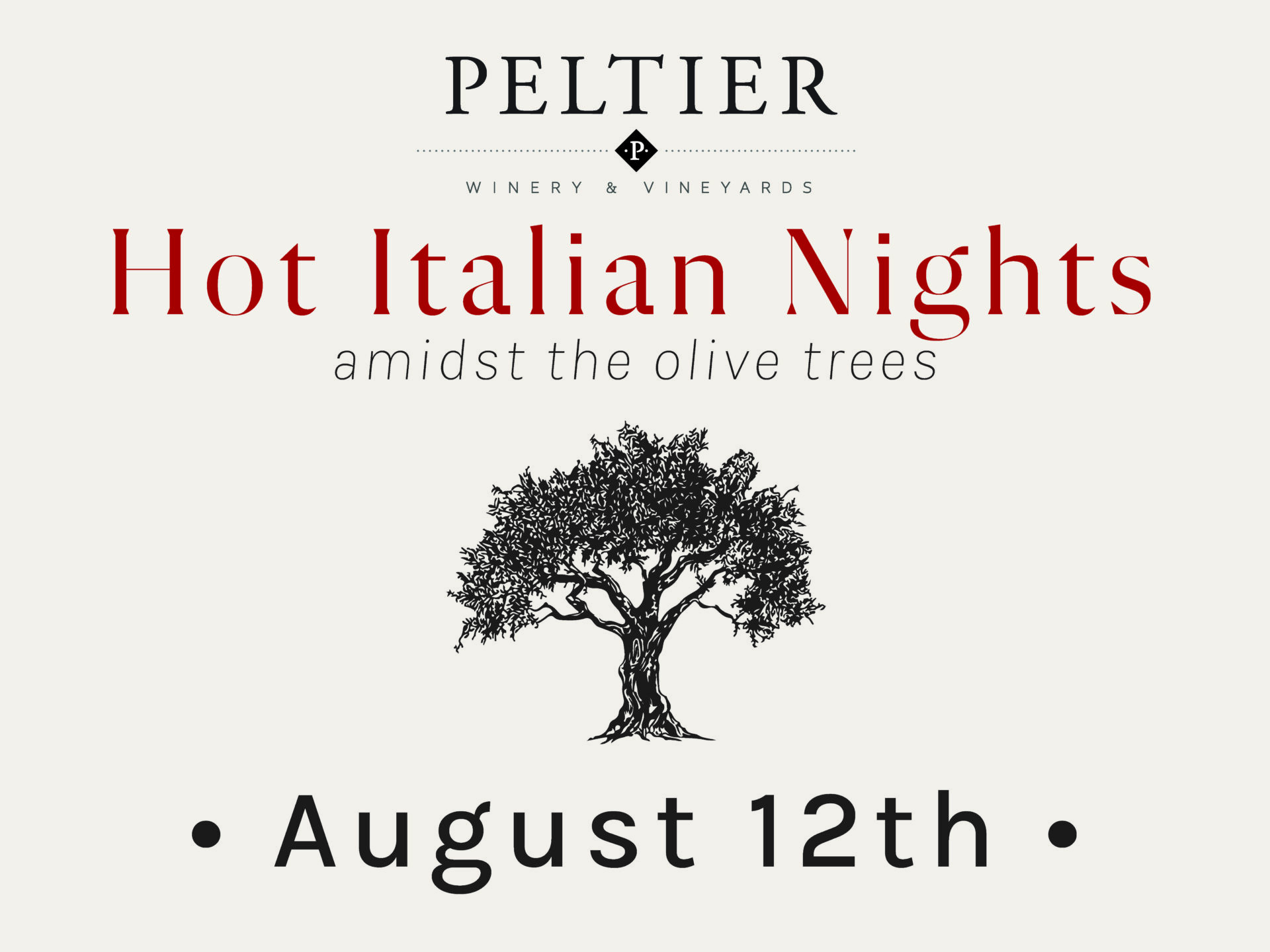 Hot Italian Nights at Peltier August 12th with illustration of olive tree
