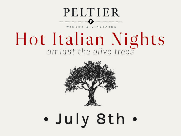 Hot Italian Nights at Peltier July 8th with illustration of olive tree