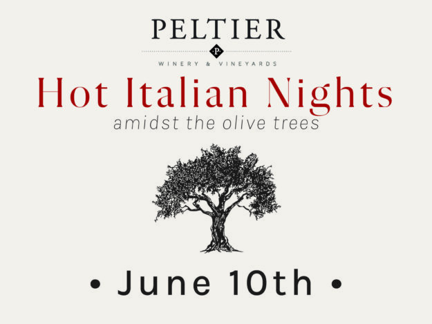 Hot Italian Nights at Peltier June 10th with illustration of olive tree