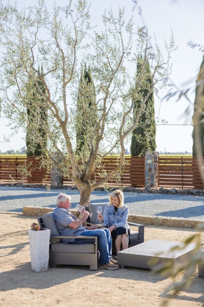 couple sitting in chairs outside on the patio under an olive tree