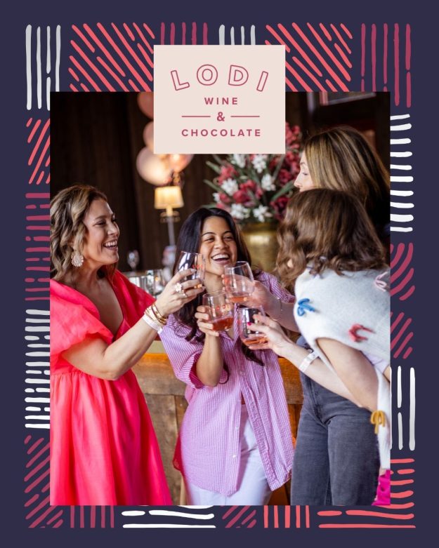 Lodi wine and chocolate logo in pink with girls in pink and purple dresses cheersing with glasses of wine