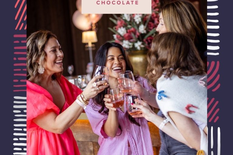 Lodi wine and chocolate logo in pink with girls in pink and purple dresses cheersing with glasses of wine