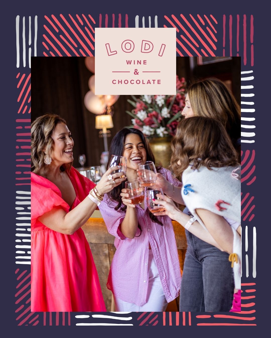 Lodi wine and chocolate logo in pink with girls in pink and purple dresses cheersing with glasses of wine