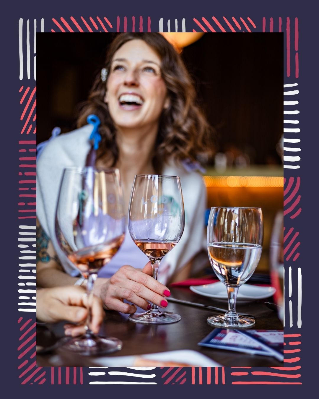 Slide 3_Lodi W&C_1080x1350_Carousel Social Graphic girl with brown curly hair laughing and holding a glass of wine